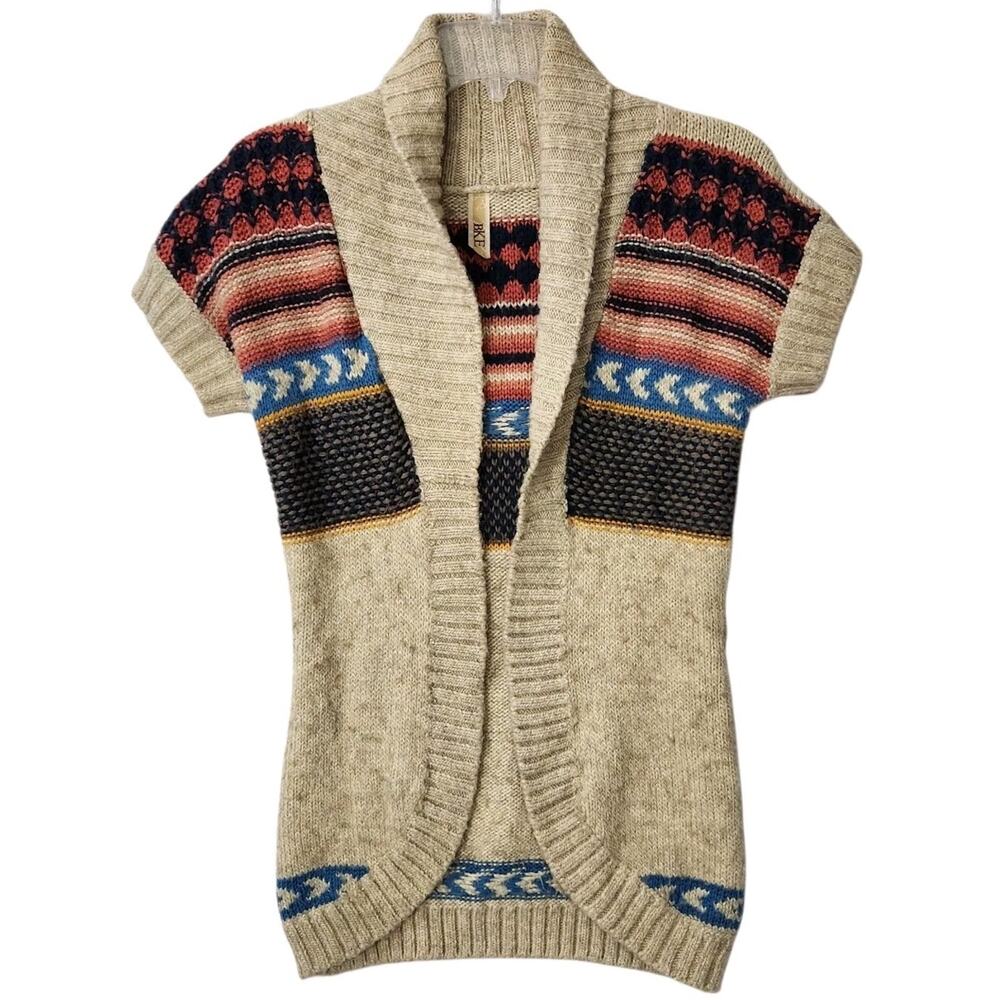 Y2K BKE BUCKLE WOMENS SWEATER ALPACA CARDIGAN BEIGE FAIR ISLE WESTERN BOHO XS
